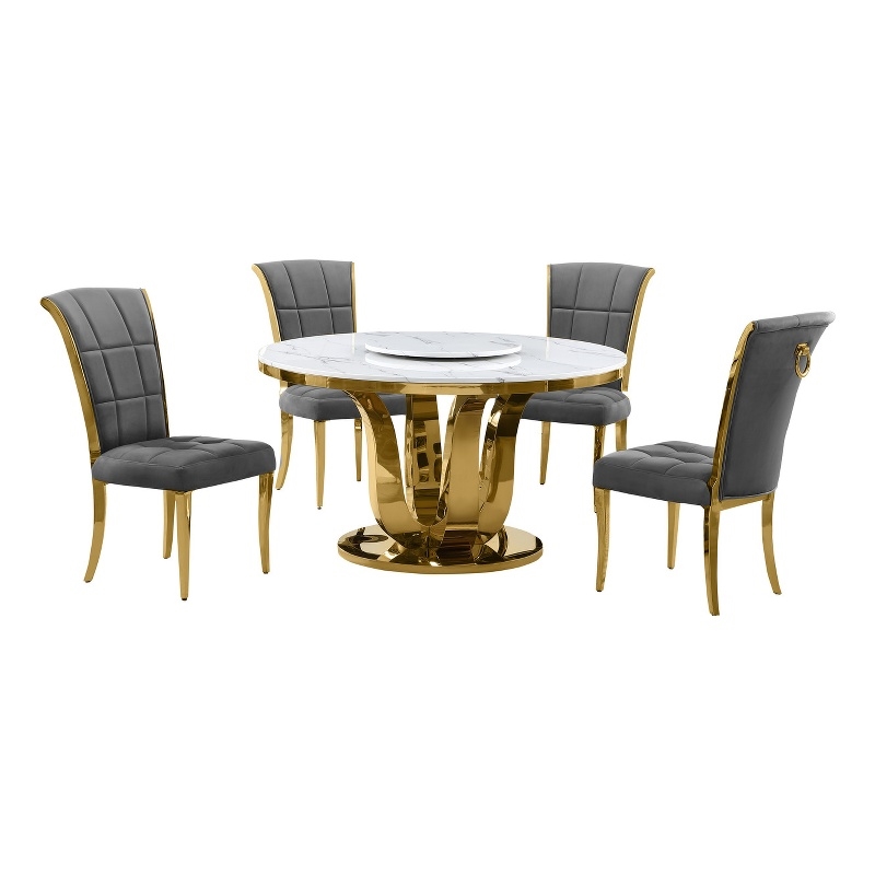Best Quality Furniture White Marble Dining Set w Lazy Susan and Dark Gray Chairs