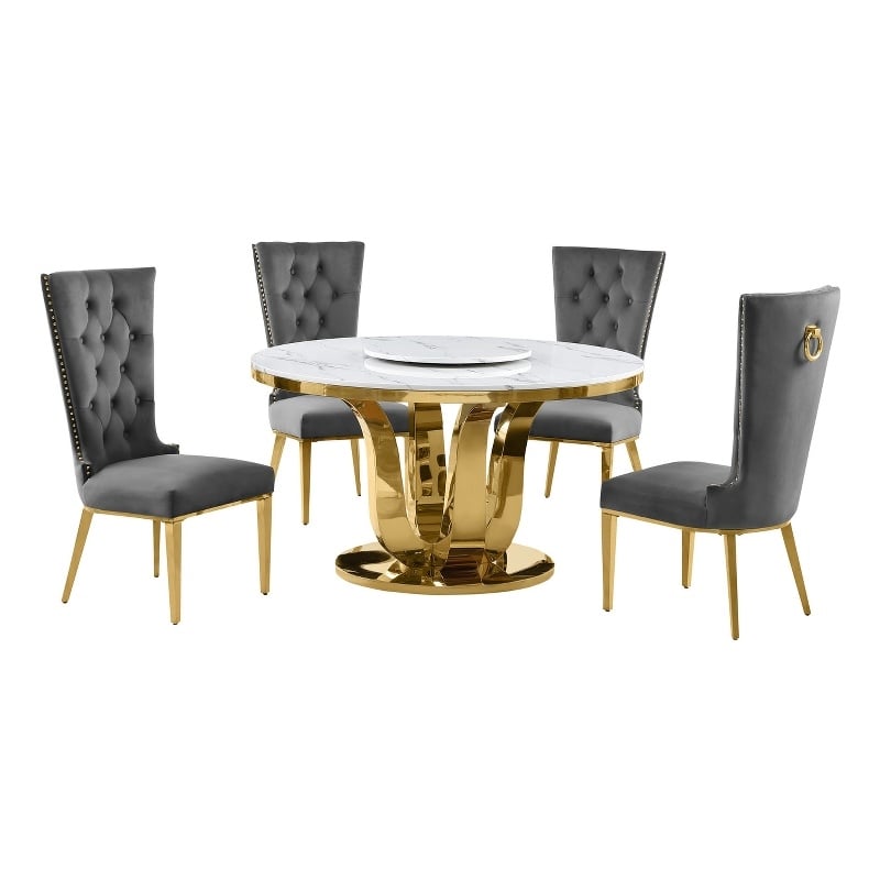 Best Quality Furniture White Marble Dining Set w Lazy Susan and Dark Gray Chairs