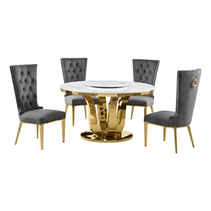 Best Quality Furniture White Marble Dining Set w Lazy Susan and Dark Gray Chairs