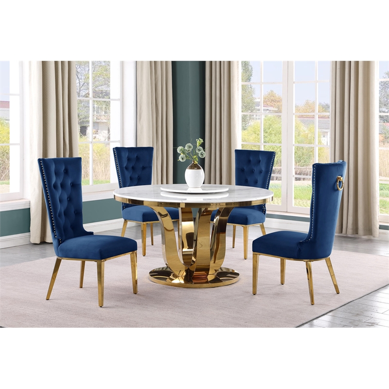 Best Quality Furniture White Marble Dining Set w Lazy Susan and Navy Blue Chairs