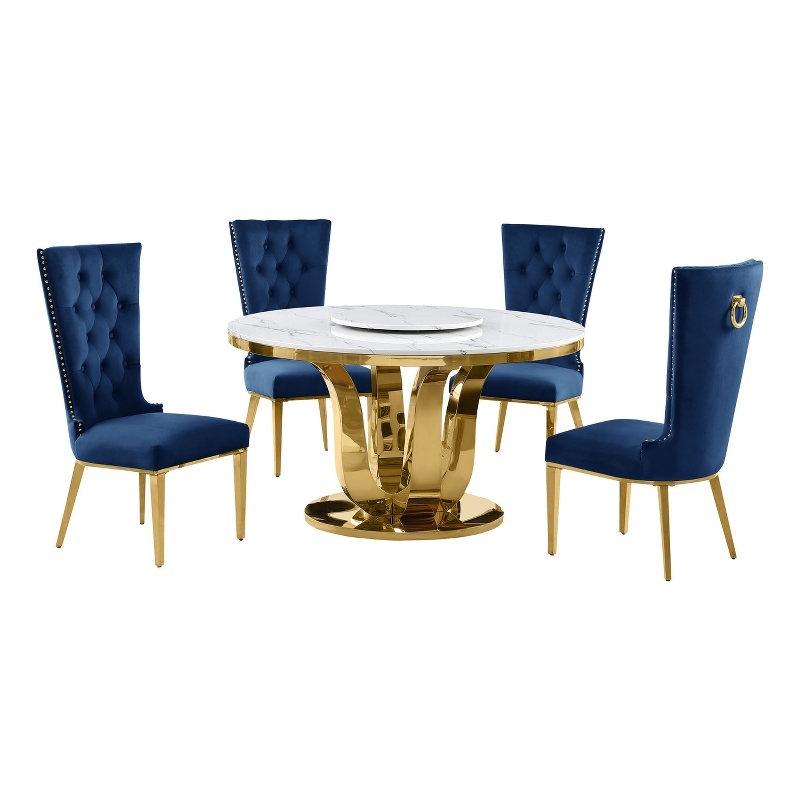 Best Quality Furniture White Marble Dining Set w Lazy Susan and Navy Blue Chairs