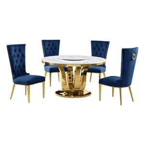 Best Quality Furniture White Marble Dining Set w Lazy Susan and Navy Blue Chairs