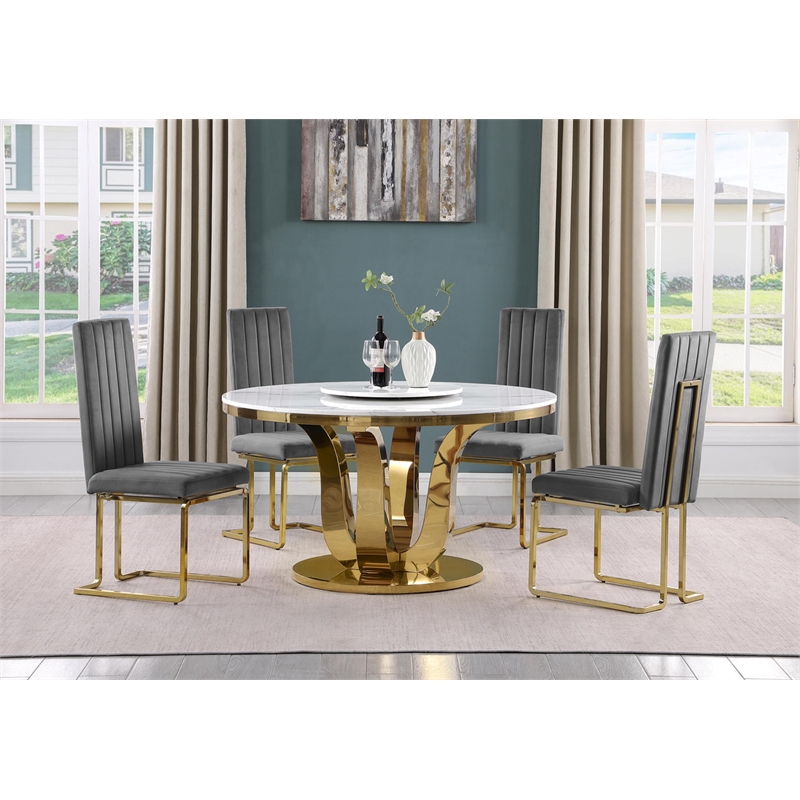 Best Quality Furniture White Marble Dining Set w Lazy Susan and Dark Gray Chairs