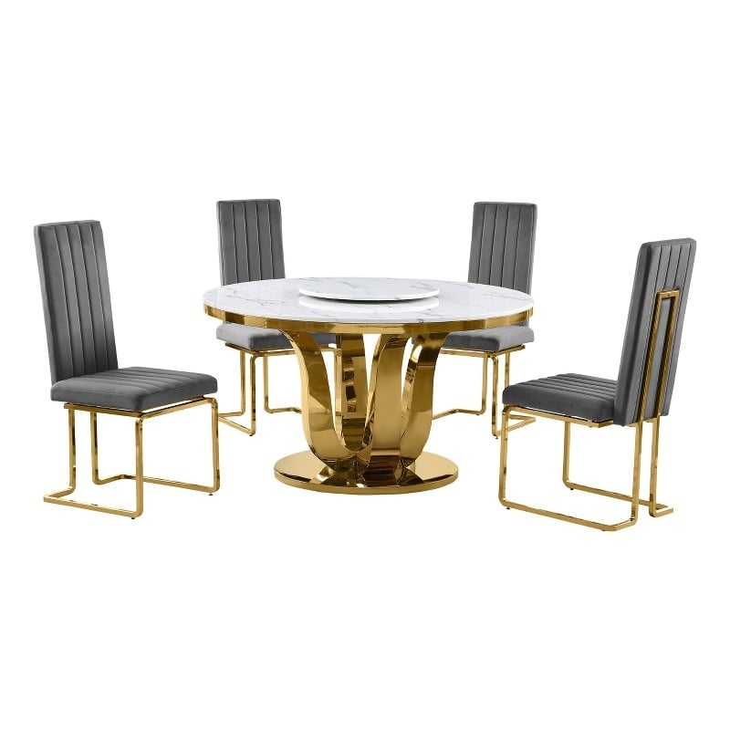 Best Quality Furniture White Marble Dining Set w Lazy Susan and Dark Gray Chairs