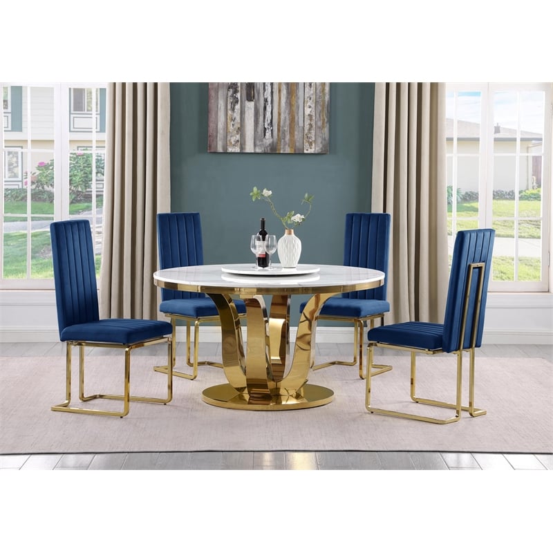 Best Quality Furniture White Marble Dining Set w Lazy Susan and Navy Blue Chairs