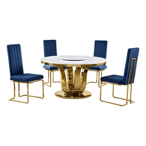 Best Quality Furniture White Marble Dining Set w Lazy Susan and Navy Blue Chairs
