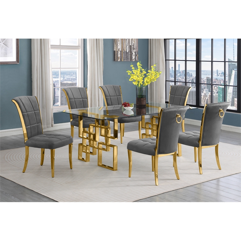 Best Quality Furniture 7-PC Velvet/Stainless Steel Dining Set in Dark Gray/Gold