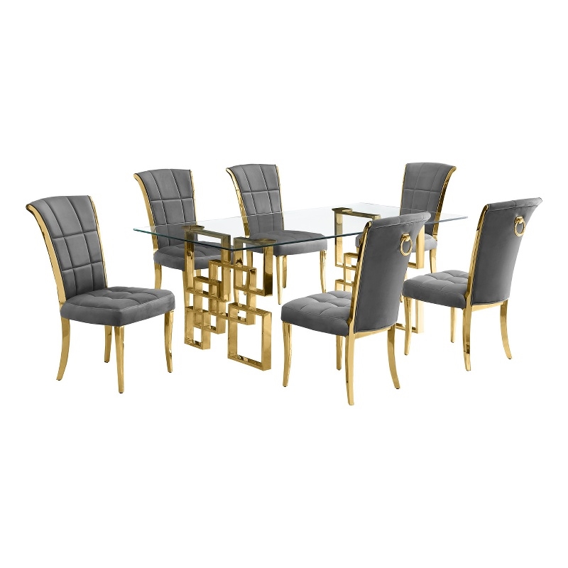 Best Quality Furniture 7-PC Velvet/Stainless Steel Dining Set in Dark Gray/Gold