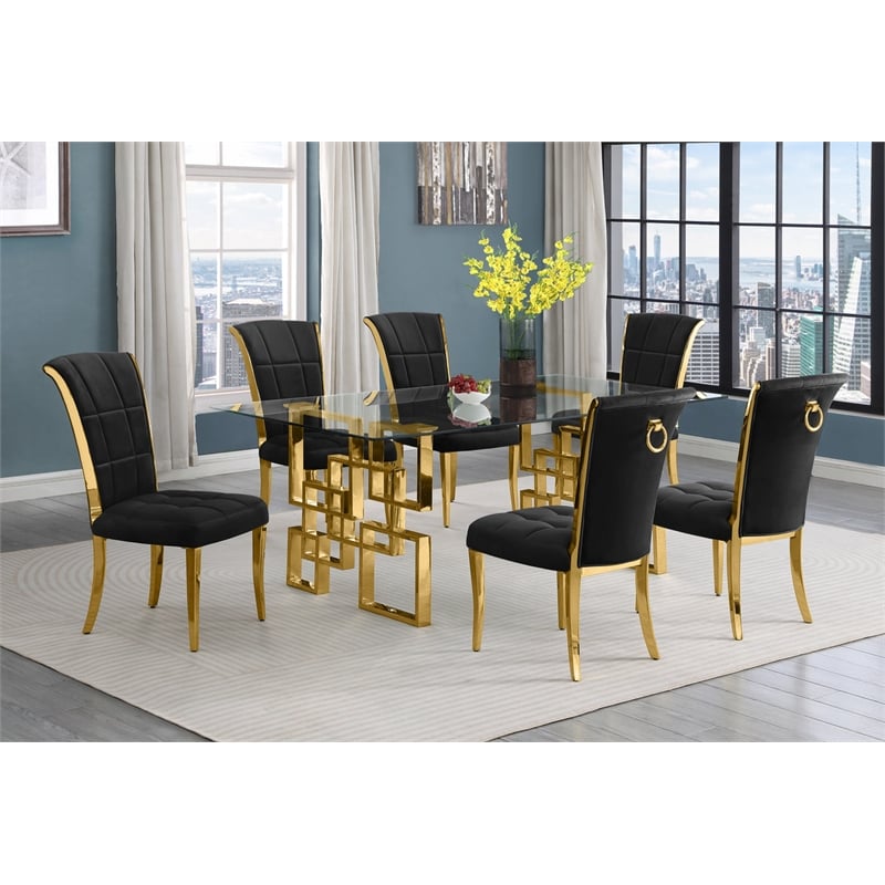 Best Quality Furniture 7-Piece Velvet & Stainless Steel Dining Set in Black/Gold