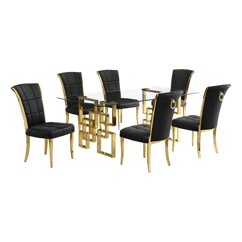 Best Quality Furniture 7-Piece Velvet & Stainless Steel Dining Set in Black/Gold