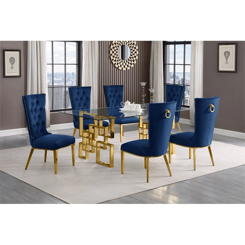 Best Quality Furniture  7-PC Velvet/Stainless Steel Dining Set in Navy Blue/Gold