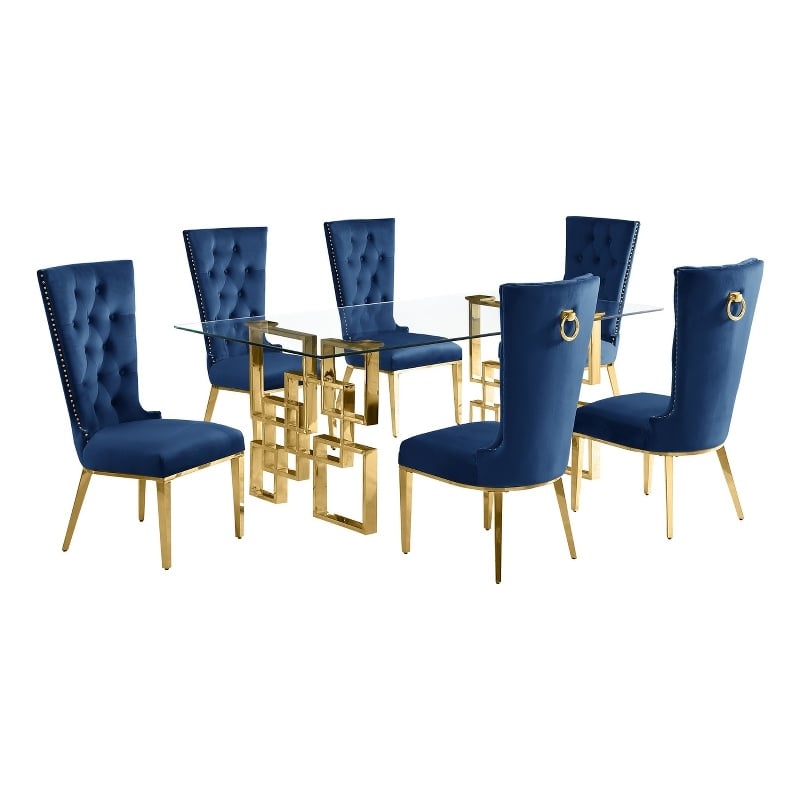 Best Quality Furniture  7-PC Velvet/Stainless Steel Dining Set in Navy Blue/Gold