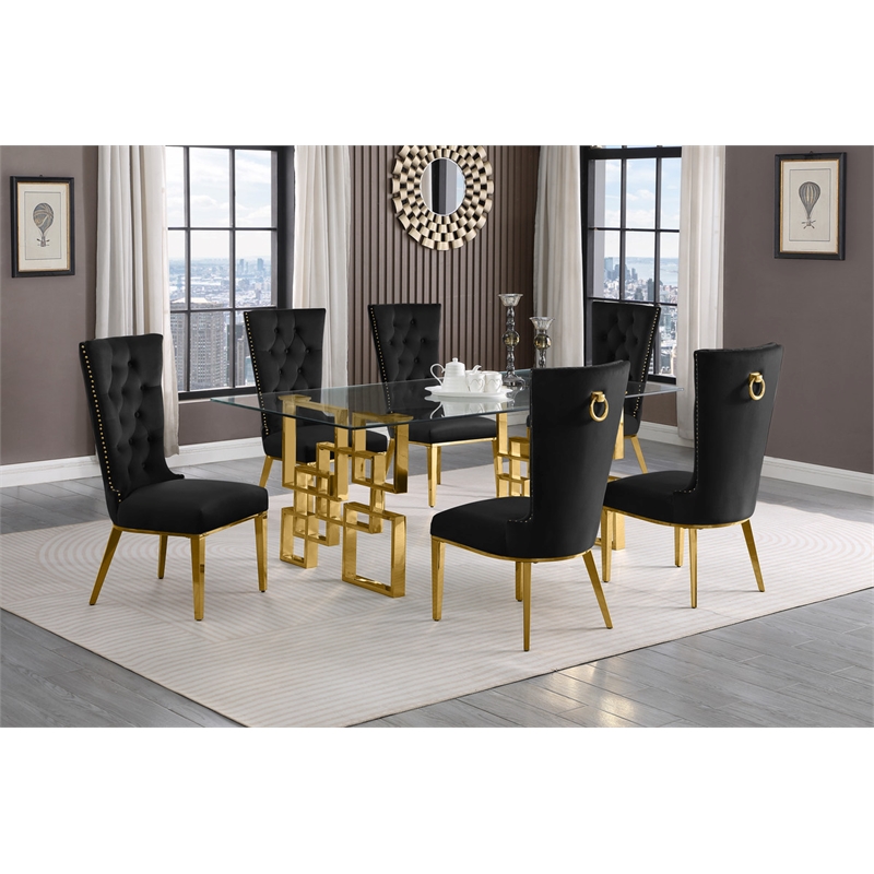 Best Quality Furniture 7-Piece Velvet/Stainless Steel Dining Set in Black/Gold