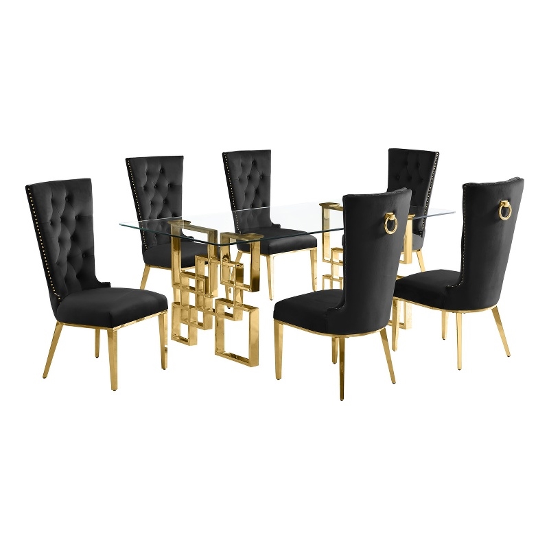 Best Quality Furniture 7-Piece Velvet/Stainless Steel Dining Set in Black/Gold