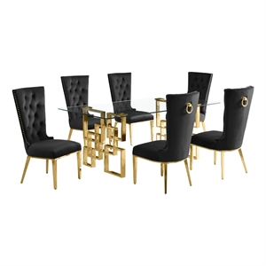 Best Quality Furniture 7-Piece Velvet/Stainless Steel Dining Set in Black/Gold