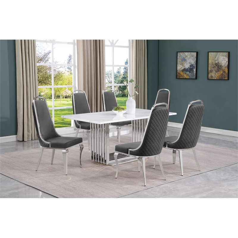 Best Quality Furniture White Marble Dining Set with Dark Gray Velvet Chairs