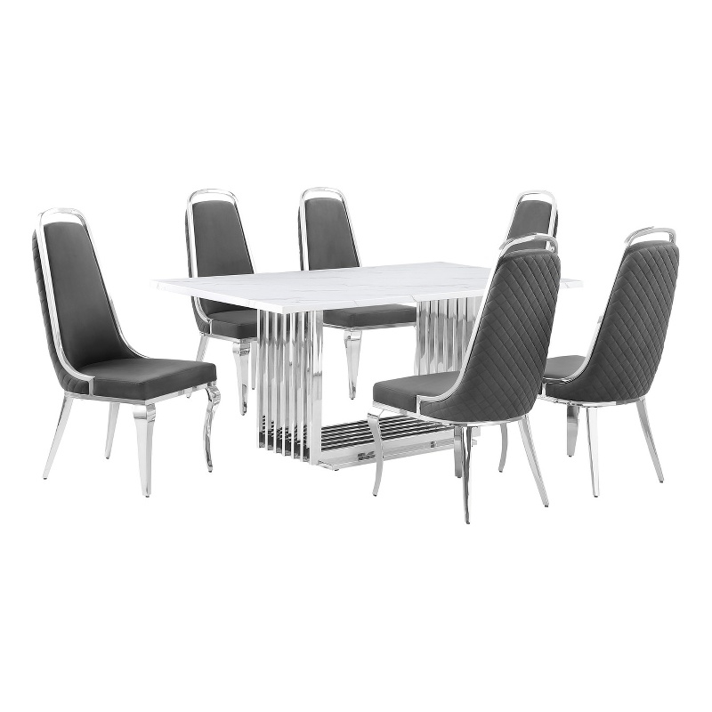 Best Quality Furniture White Marble Dining Set with Dark Gray Velvet Chairs