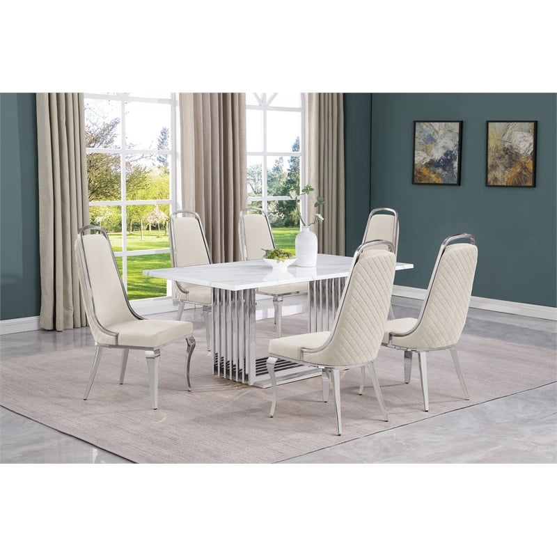 Best Quality Furniture White Marble Dining Set with Black Velvet Chairs