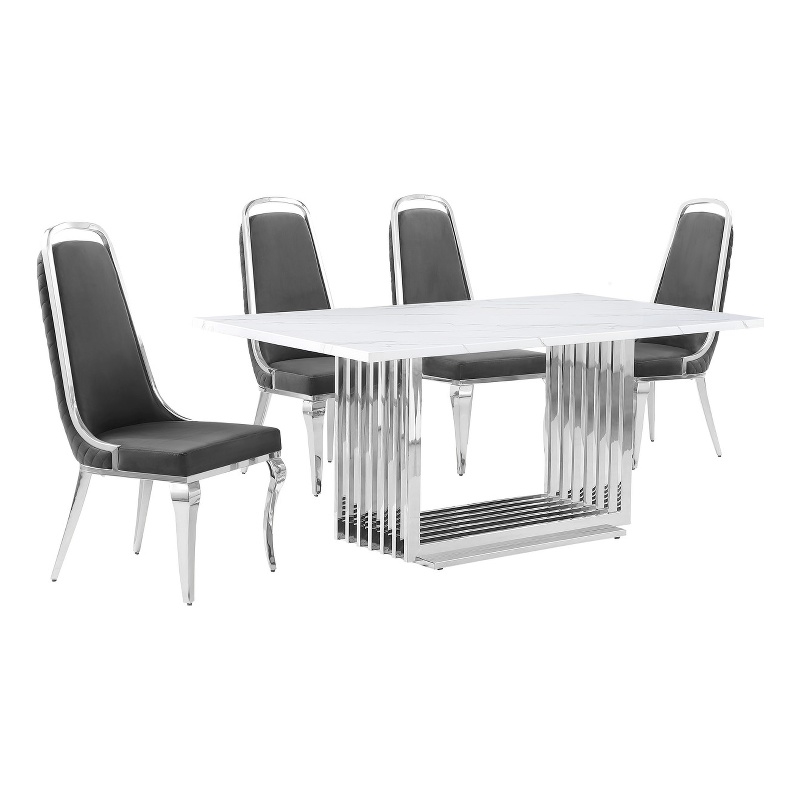 Best Quality Furniture White Marble Dining Set with Dark Gray Velvet Chairs