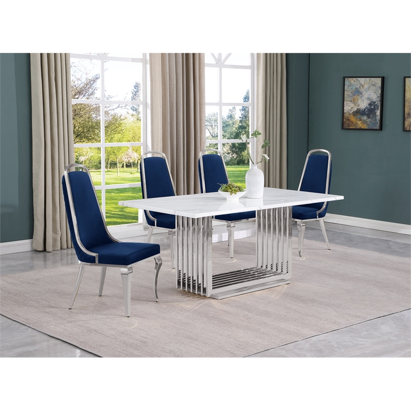 Best Quality Furniture White Marble Dining Set with Navy Blue Velvet Chairs