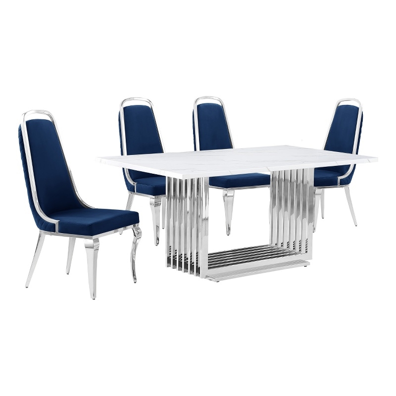 Best Quality Furniture White Marble Dining Set with Navy Blue Velvet Chairs