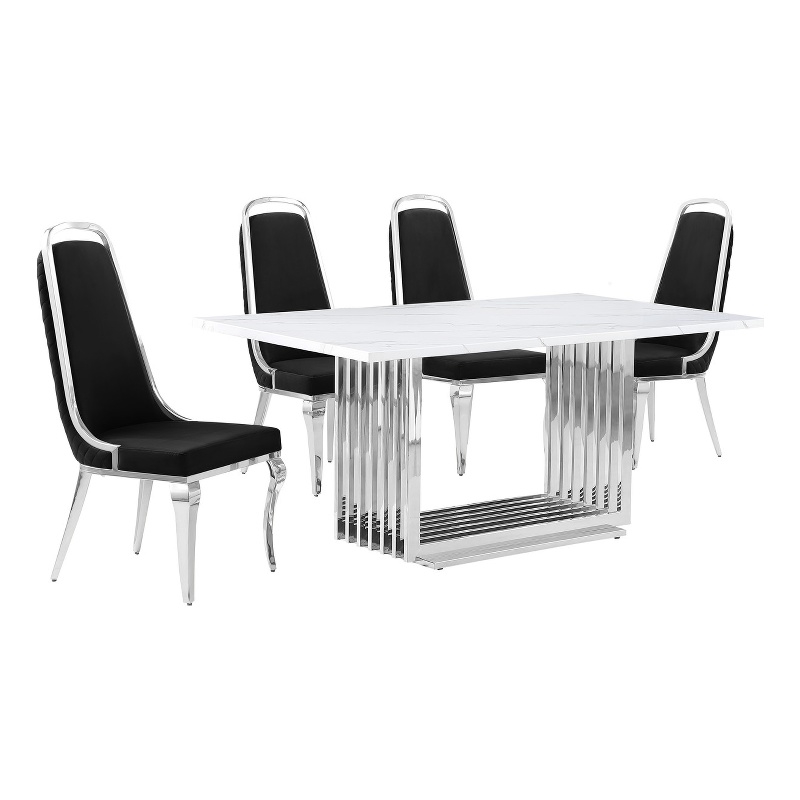 Best Quality Furniture White Marble Dining Set with Black Velvet Chairs