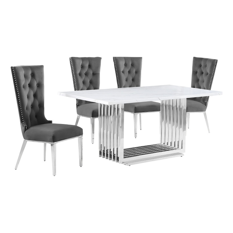Best Quality Furniture White Marble Dining Set with Dark Gray Velvet Chairs
