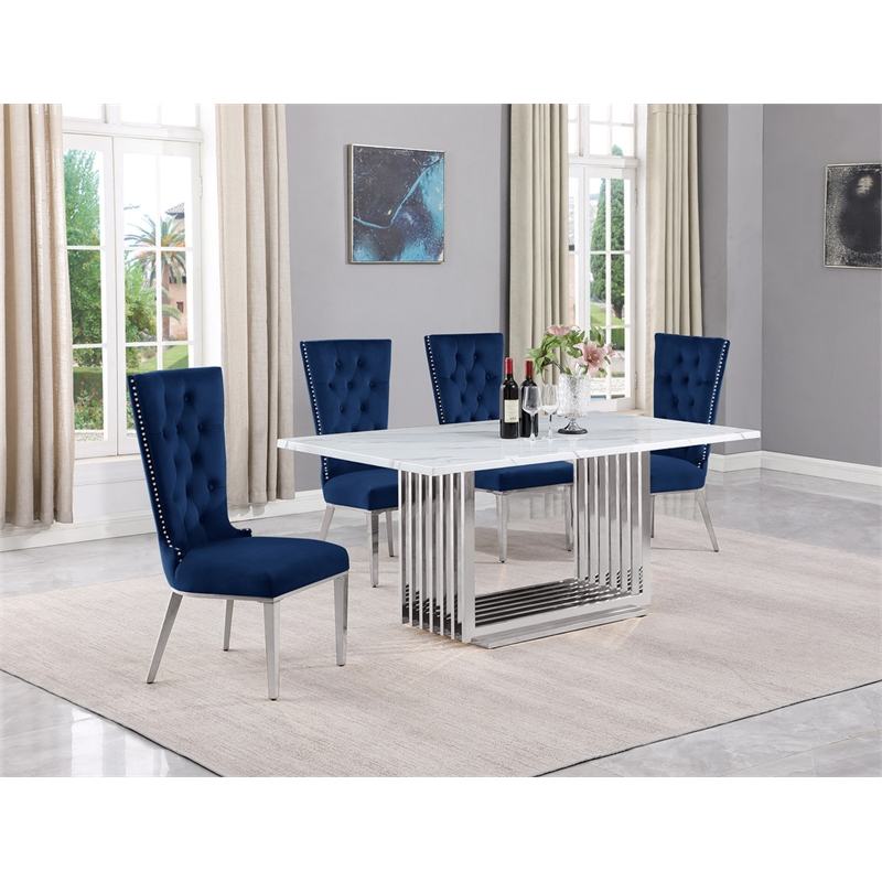 Best Quality Furniture White Marble Dining Set with Navy Blue Velvet Chairs