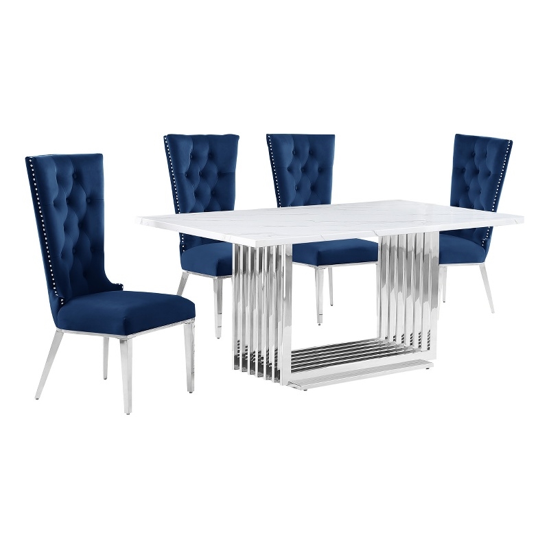 Best Quality Furniture White Marble Dining Set with Navy Blue Velvet Chairs