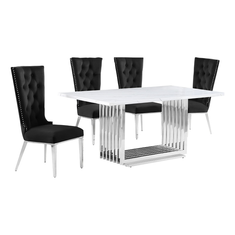 Best Quality Furniture White Marble Dining Set with Black Velvet Chairs