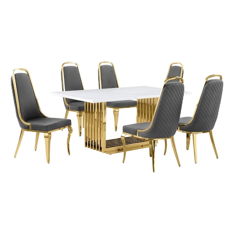 Best Quality Furniture White Marble Dining Set with Dark Gray Velvet Chairs