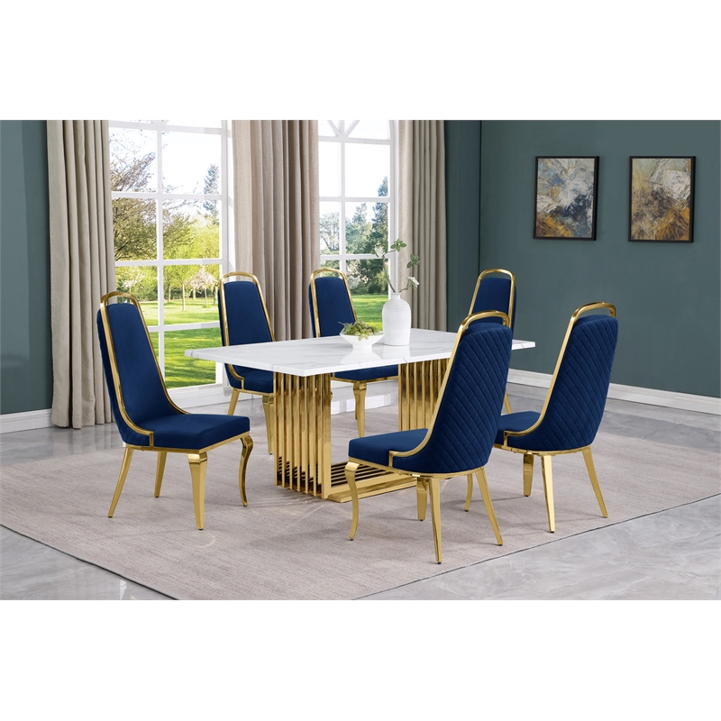 Best Quality Furniture White Marble Dining Set with Navy Blue Velvet Chairs