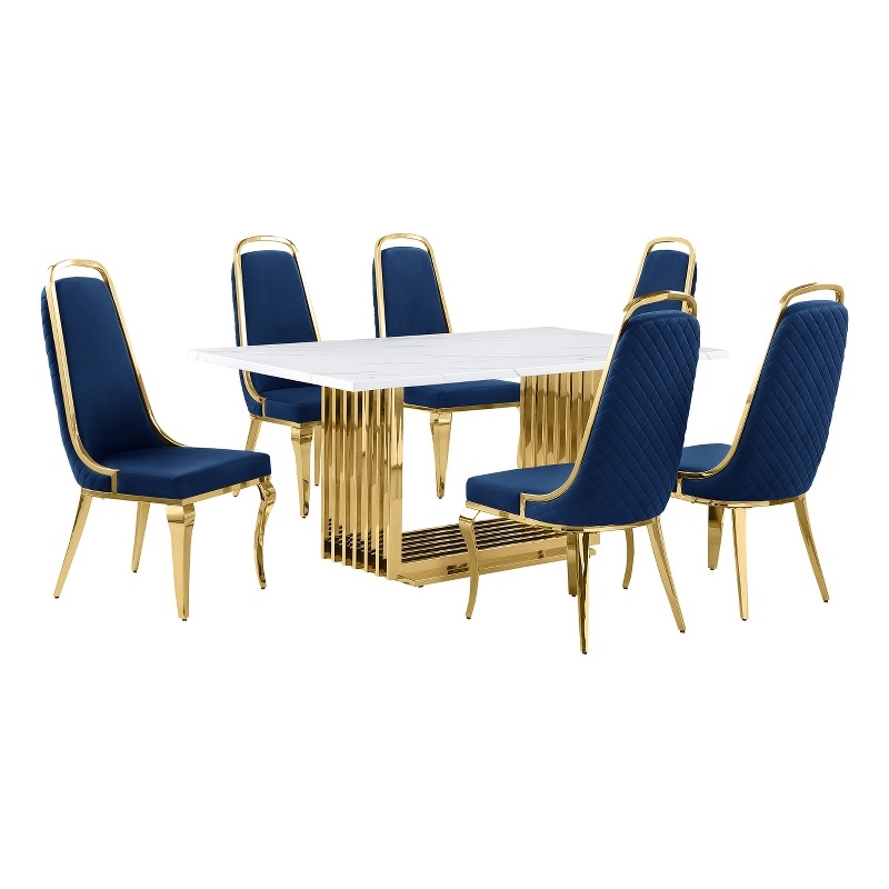 Best Quality Furniture White Marble Dining Set with Navy Blue Velvet Chairs