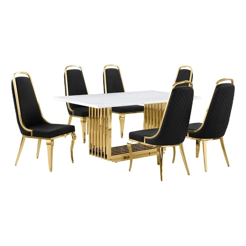 Best Quality Furniture White Marble Dining Set with Black Velvet Chairs