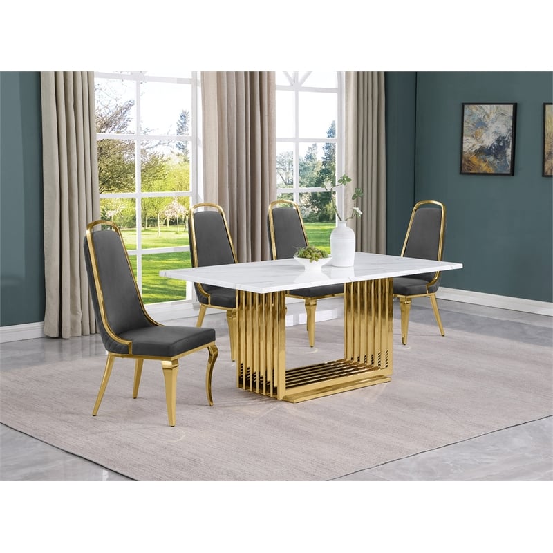 Best Quality Furniture White Marble Dining Set with Dark Gray Velvet Chairs