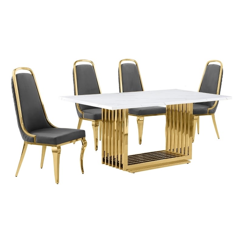 Best Quality Furniture White Marble Dining Set with Dark Gray Velvet Chairs