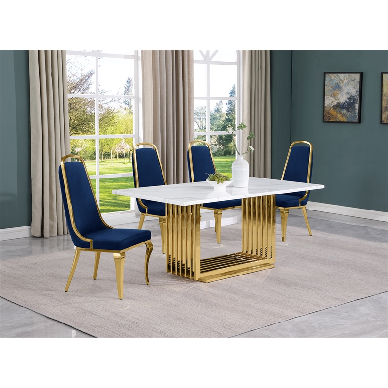 Best Quality Furniture White Marble Dining Set with Navy Blue Velvet Chairs