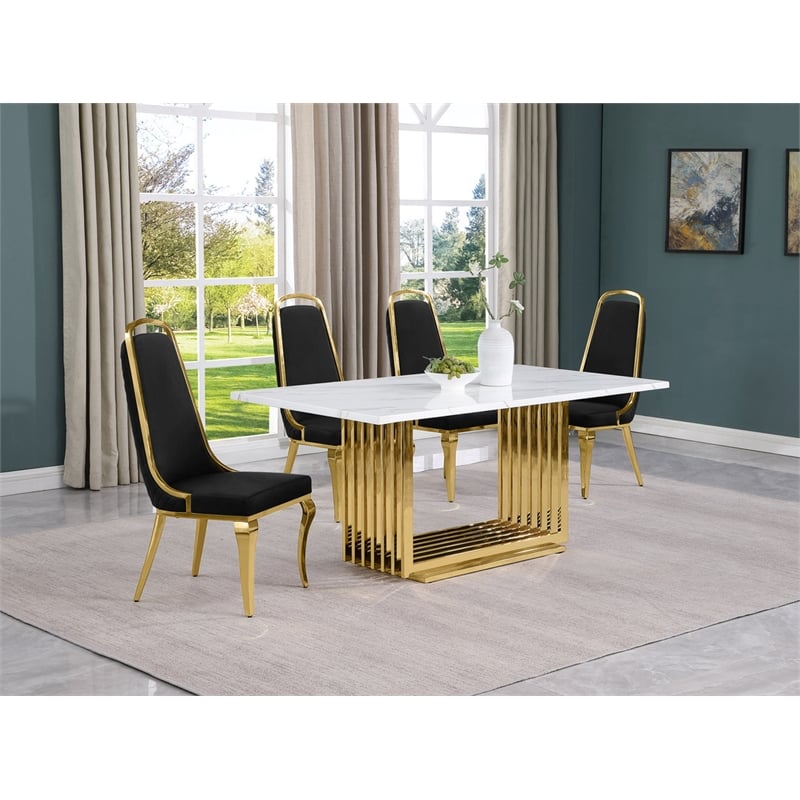 Best Quality Furniture White Marble Dining Set with Black Velvet Chairs
