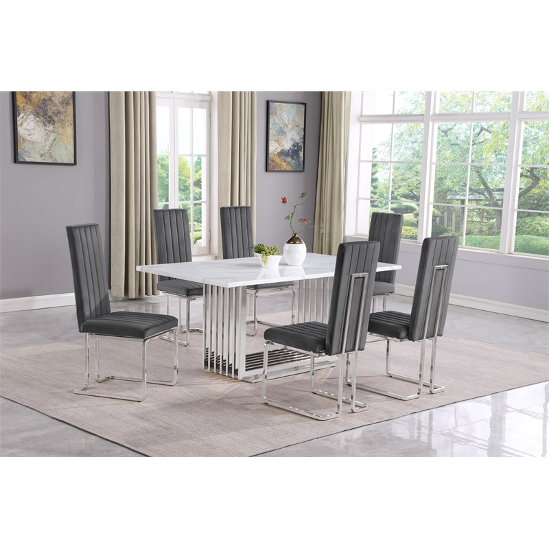 Best Quality Furniture White Marble Dining Set with Dark Gray Velvet Chairs