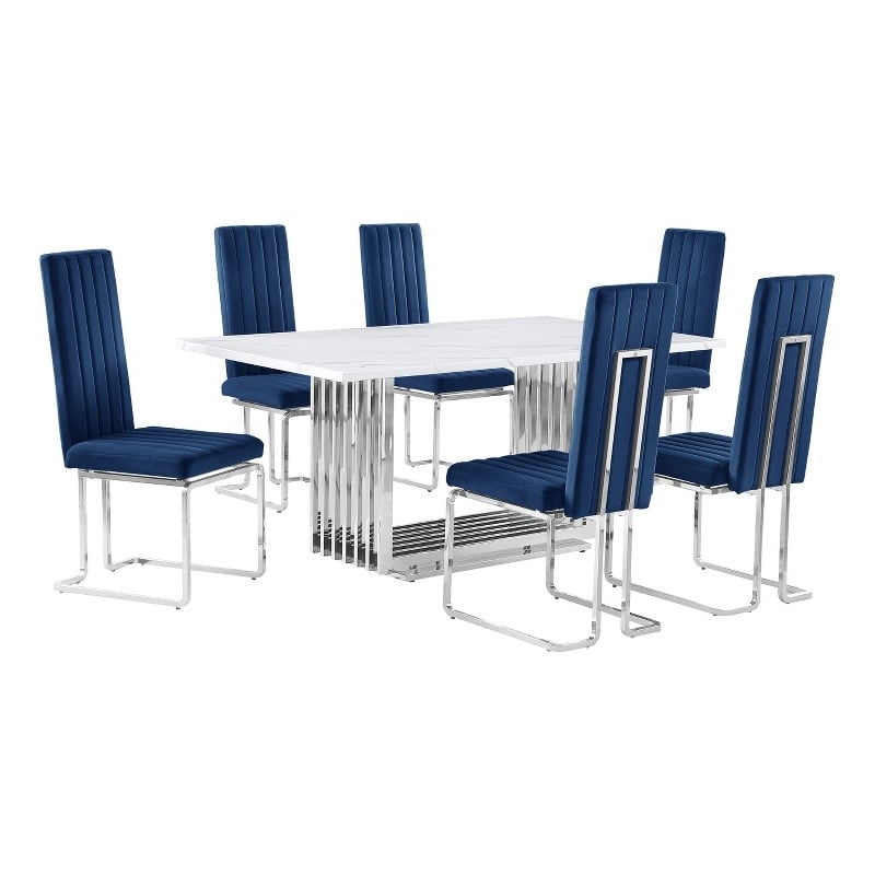 Best Quality Furniture White Marble Dining Set with Navy Blue Velvet Chairs