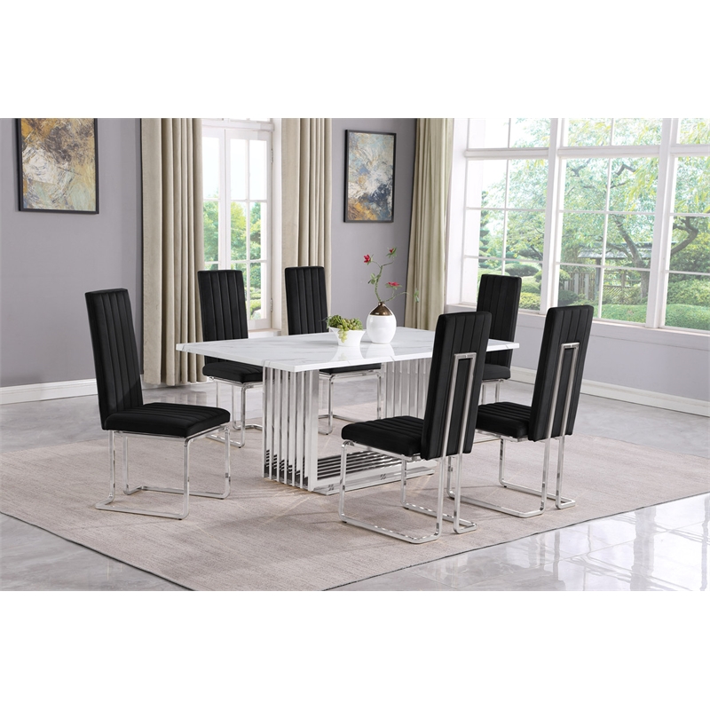 Best Quality Furniture White Marble Dining Set with Black Velvet Chairs