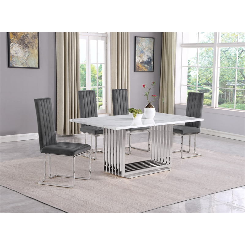 Best Quality Furniture White Marble Dining Set with Dark Gray Velvet Chairs