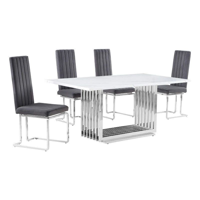 Best Quality Furniture White Marble Dining Set with Dark Gray Velvet Chairs