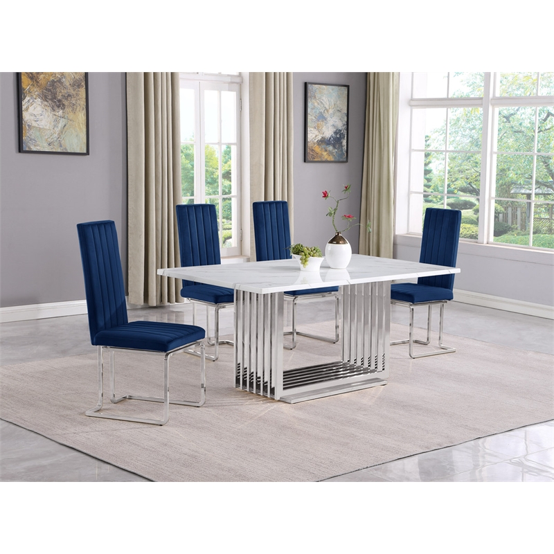 Best Quality Furniture White Marble Dining Set with Navy Blue Velvet Chairs