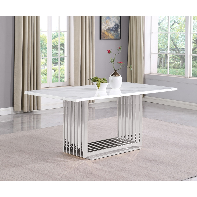 Best Quality Furniture White Marble Dining Set with Navy Blue Velvet Chairs