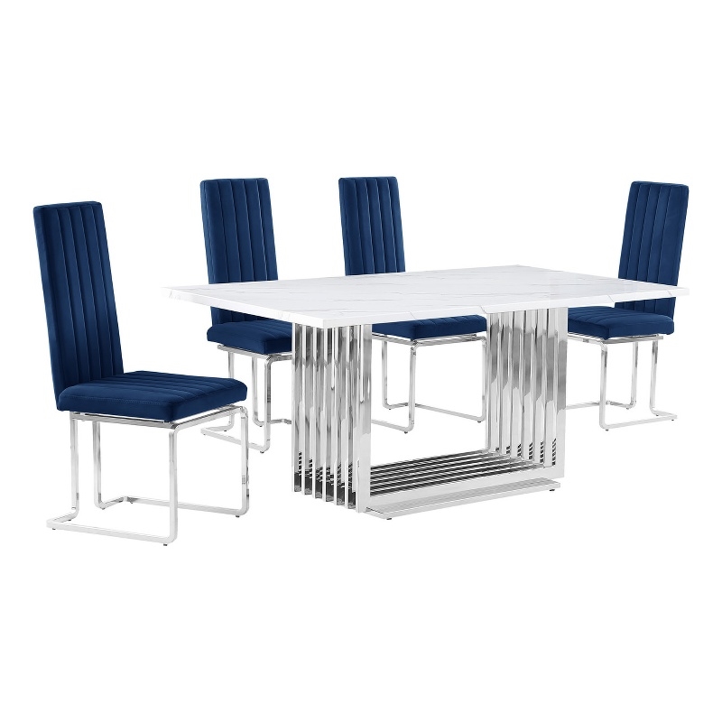 Best Quality Furniture White Marble Dining Set with Navy Blue Velvet Chairs