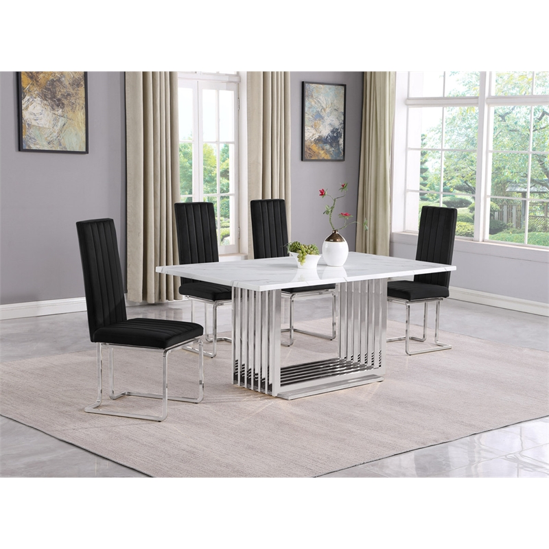 Best Quality Furniture White Marble Dining Set with Black Velvet Chairs