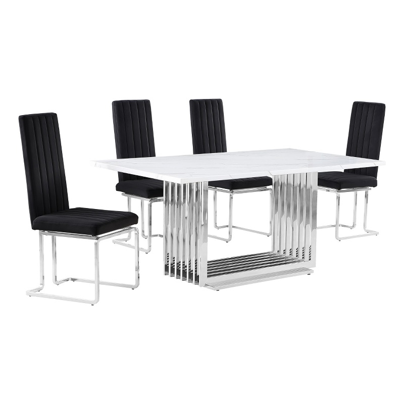 Best Quality Furniture White Marble Dining Set with Black Velvet Chairs