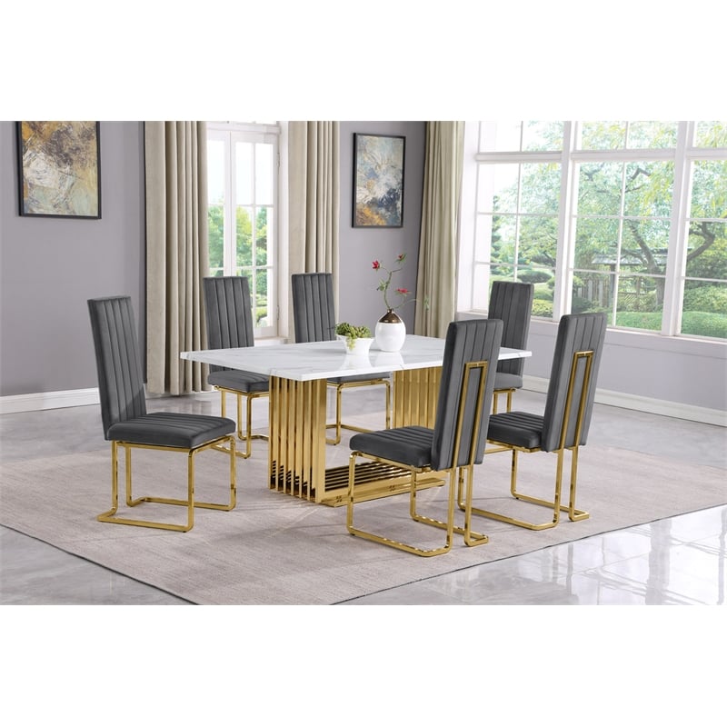 Best Quality Furniture White Marble Dining Set with Dark Gray Velvet Chairs