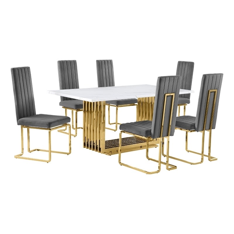 Best Quality Furniture White Marble Dining Set with Dark Gray Velvet Chairs
